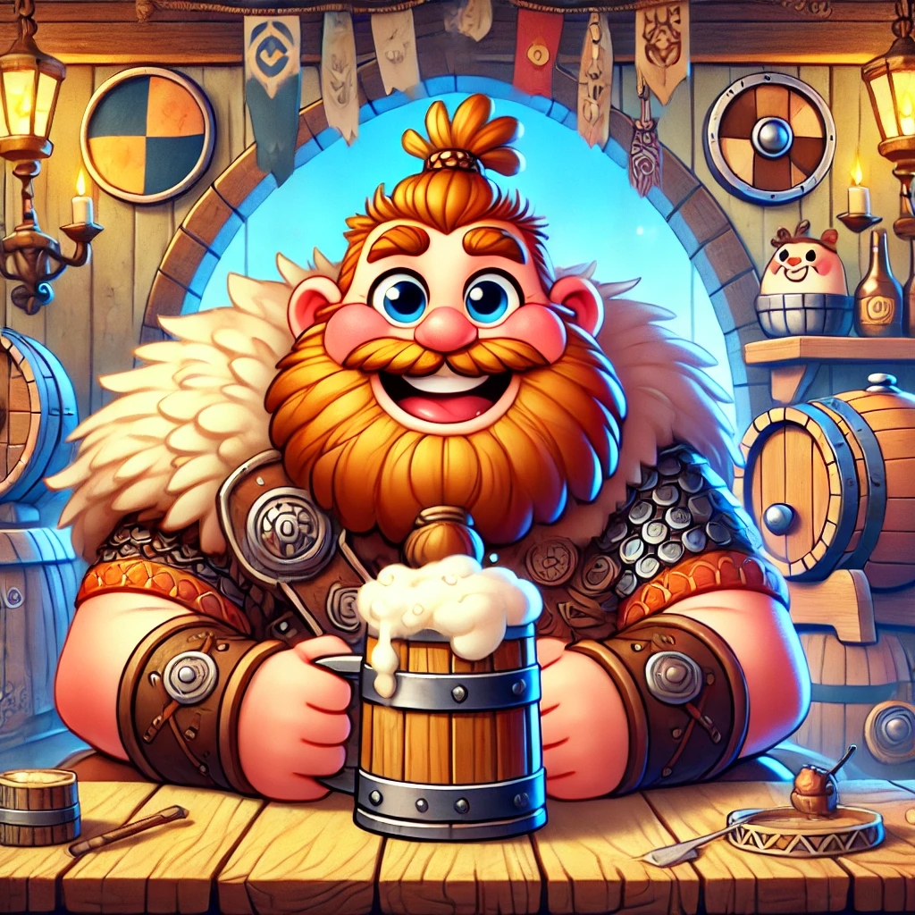 DALL·E 2024-12-04 16.42.35 - A cartoon-style illustration of a Viking sitting in a lively medieval tavern. The Viking has exaggerated, playful features like a big braided beard, r